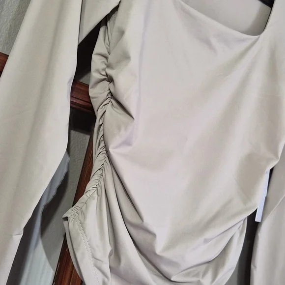 Pink Rose Long Sleeve Square Neck Ruched Top in Light Taupe - Picture 3 of 4